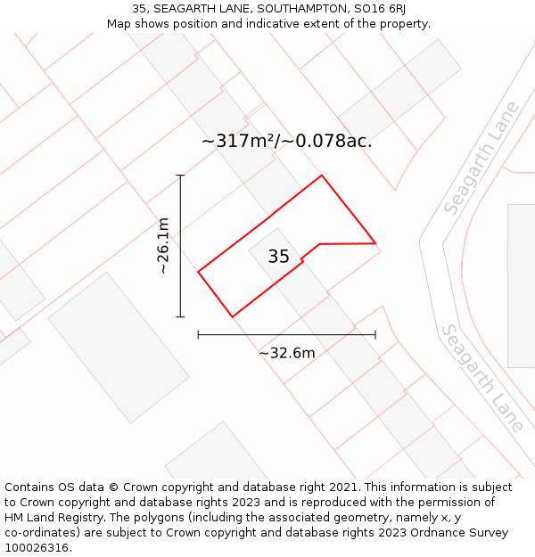 35, SEAGARTH LANE, SOUTHAMPTON, SO16 6RJ: Plot and title map