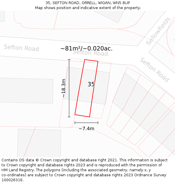 35, SEFTON ROAD, ORRELL, WIGAN, WN5 8UP: Plot and title map