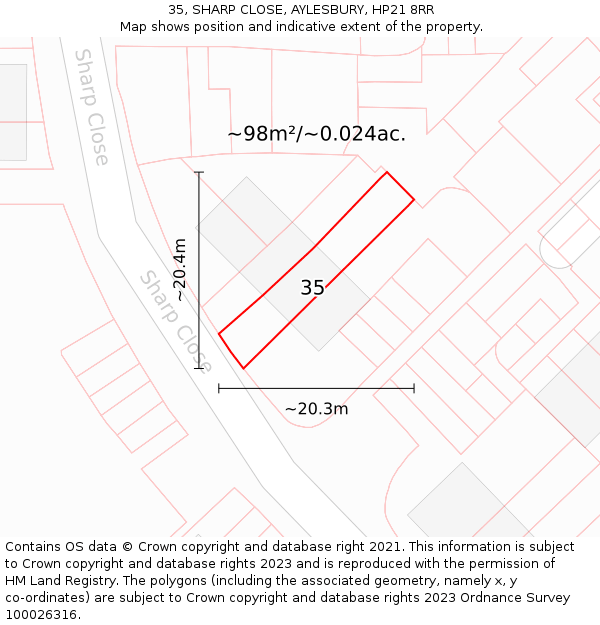 35, SHARP CLOSE, AYLESBURY, HP21 8RR: Plot and title map