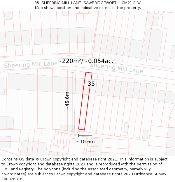 35, SHEERING MILL LANE, SAWBRIDGEWORTH, CM21 9LW: Plot and title map