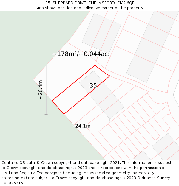 35, SHEPPARD DRIVE, CHELMSFORD, CM2 6QE: Plot and title map
