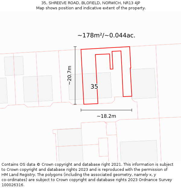 35, SHREEVE ROAD, BLOFIELD, NORWICH, NR13 4JP: Plot and title map