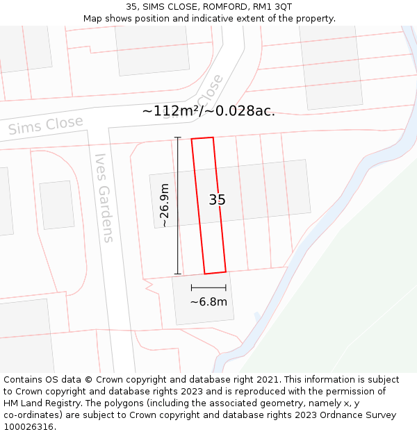 35, SIMS CLOSE, ROMFORD, RM1 3QT: Plot and title map