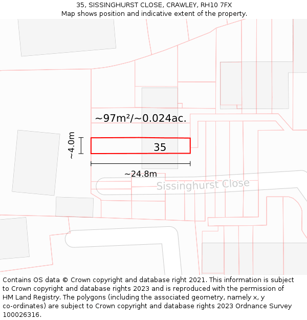 35, SISSINGHURST CLOSE, CRAWLEY, RH10 7FX: Plot and title map