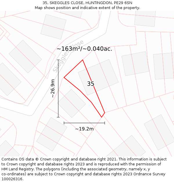 35, SKEGGLES CLOSE, HUNTINGDON, PE29 6SN: Plot and title map
