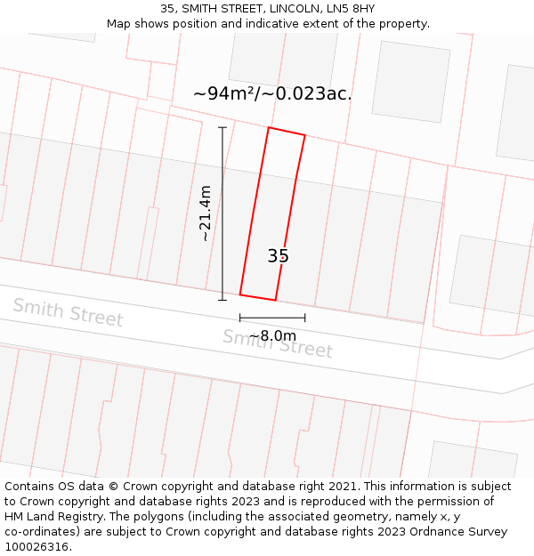 35, SMITH STREET, LINCOLN, LN5 8HY: Plot and title map