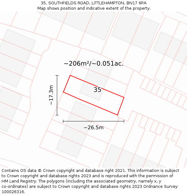 35, SOUTHFIELDS ROAD, LITTLEHAMPTON, BN17 6PA: Plot and title map