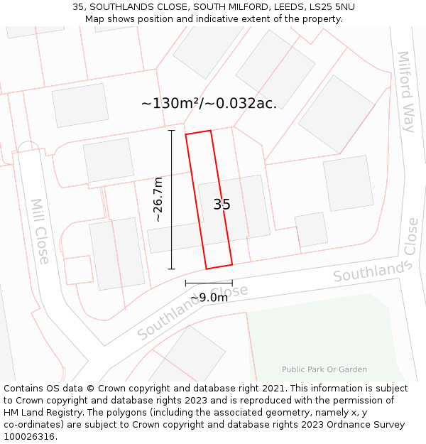 35, SOUTHLANDS CLOSE, SOUTH MILFORD, LEEDS, LS25 5NU: Plot and title map