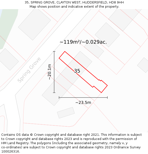 35, SPRING GROVE, CLAYTON WEST, HUDDERSFIELD, HD8 9HH: Plot and title map