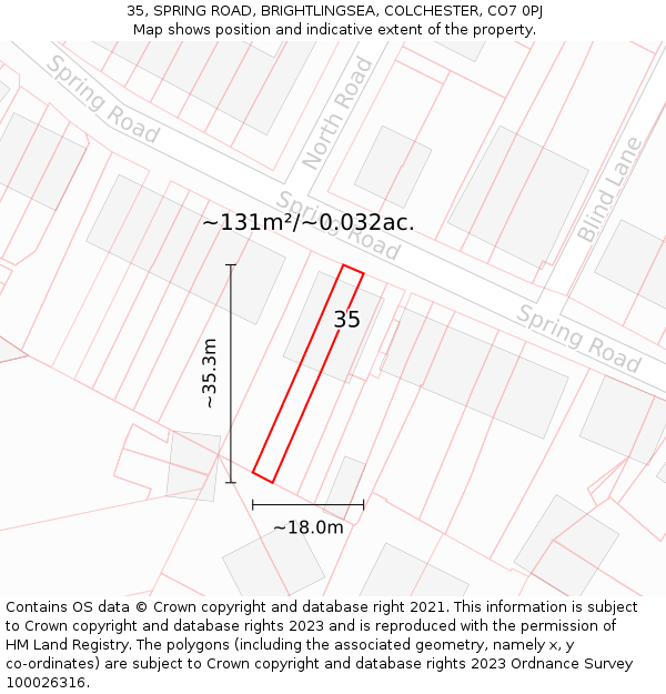 35, SPRING ROAD, BRIGHTLINGSEA, COLCHESTER, CO7 0PJ: Plot and title map