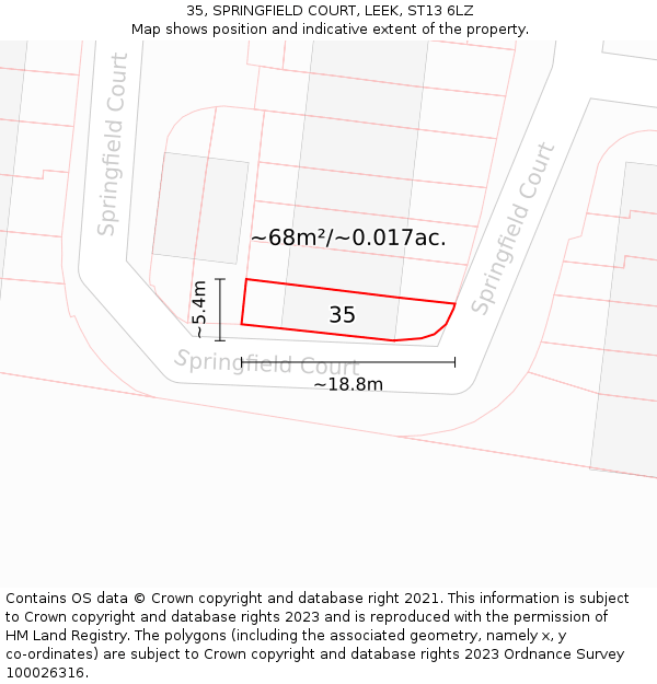 35, SPRINGFIELD COURT, LEEK, ST13 6LZ: Plot and title map