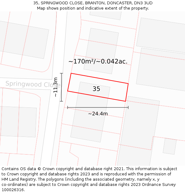 35, SPRINGWOOD CLOSE, BRANTON, DONCASTER, DN3 3UD: Plot and title map
