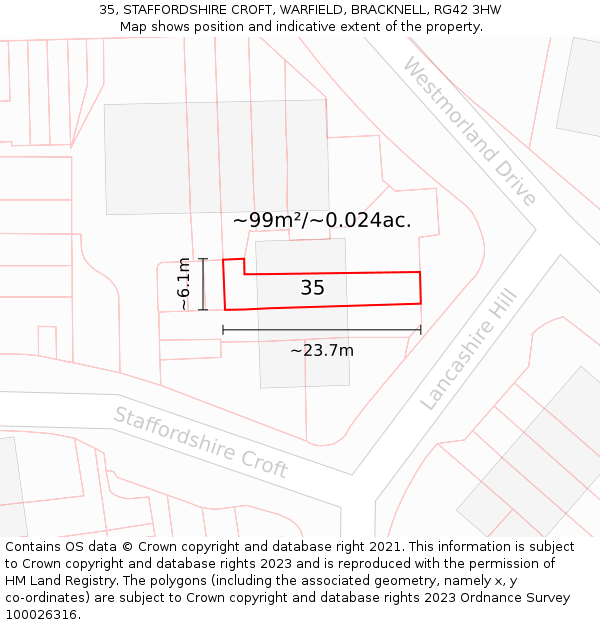 35, STAFFORDSHIRE CROFT, WARFIELD, BRACKNELL, RG42 3HW: Plot and title map