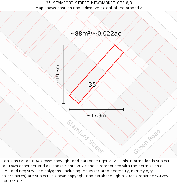 35, STAMFORD STREET, NEWMARKET, CB8 8JB: Plot and title map