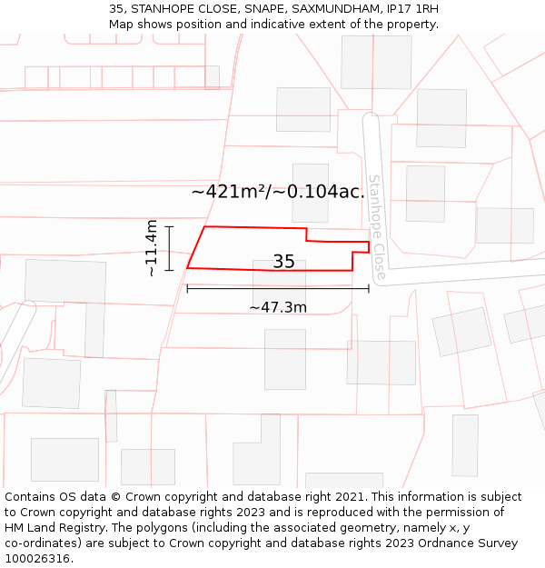 35, STANHOPE CLOSE, SNAPE, SAXMUNDHAM, IP17 1RH: Plot and title map