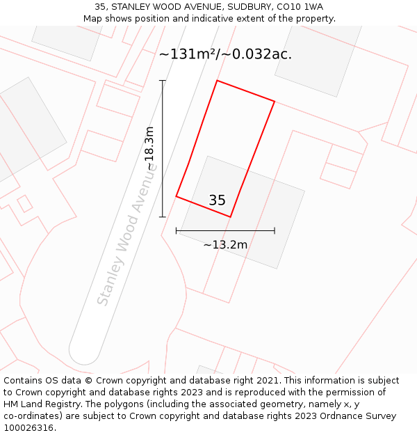 35, STANLEY WOOD AVENUE, SUDBURY, CO10 1WA: Plot and title map