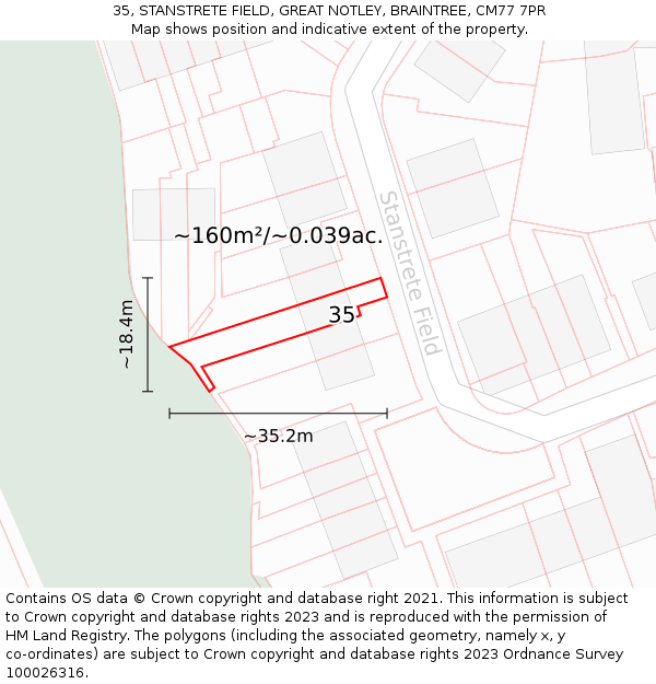 35, STANSTRETE FIELD, GREAT NOTLEY, BRAINTREE, CM77 7PR: Plot and title map