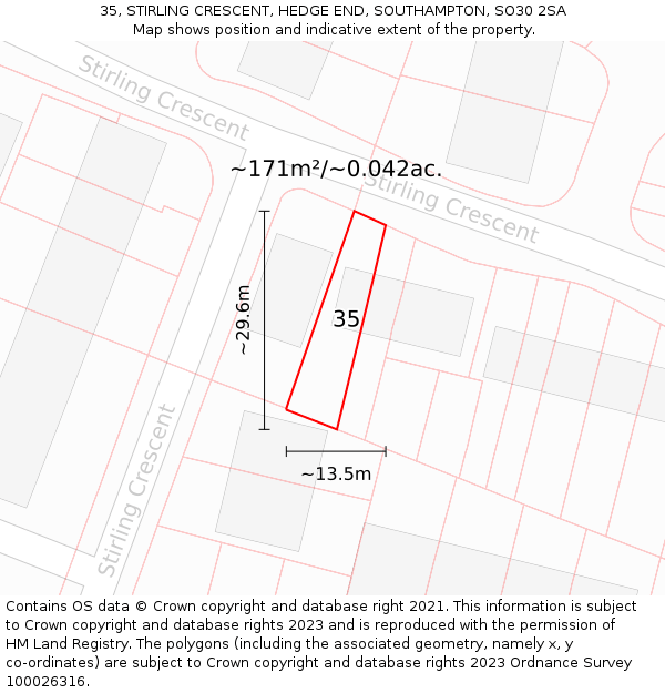 35, STIRLING CRESCENT, HEDGE END, SOUTHAMPTON, SO30 2SA: Plot and title map