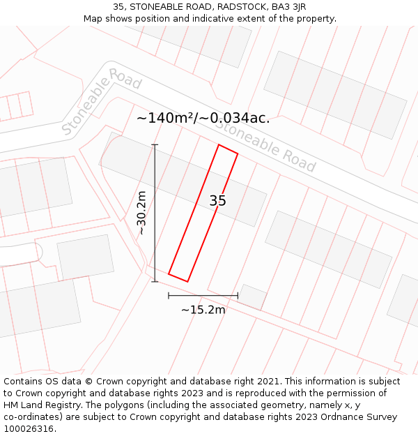 35, STONEABLE ROAD, RADSTOCK, BA3 3JR: Plot and title map