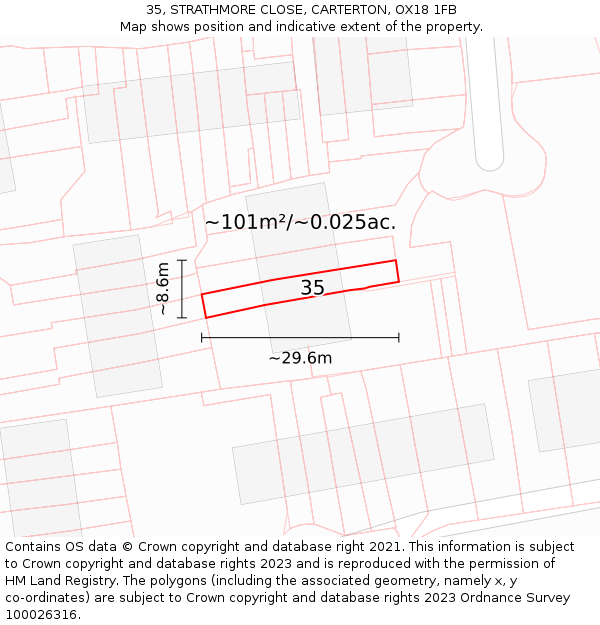 35, STRATHMORE CLOSE, CARTERTON, OX18 1FB: Plot and title map