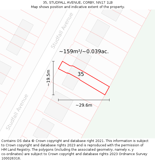 35, STUDFALL AVENUE, CORBY, NN17 1LB: Plot and title map