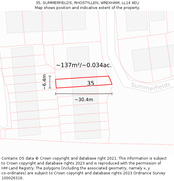 35, SUMMERFIELDS, RHOSTYLLEN, WREXHAM, LL14 4EU: Plot and title map