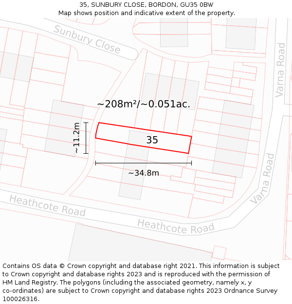 35, SUNBURY CLOSE, BORDON, GU35 0BW: Plot and title map