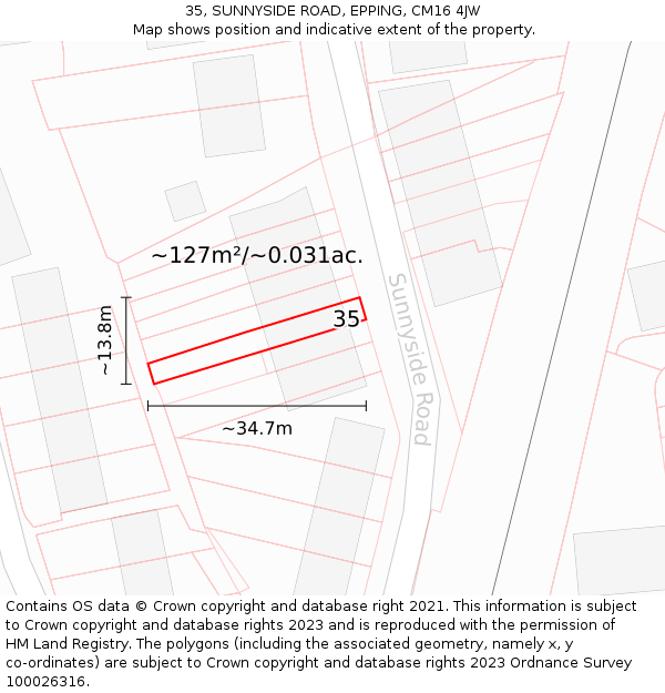 35, SUNNYSIDE ROAD, EPPING, CM16 4JW: Plot and title map