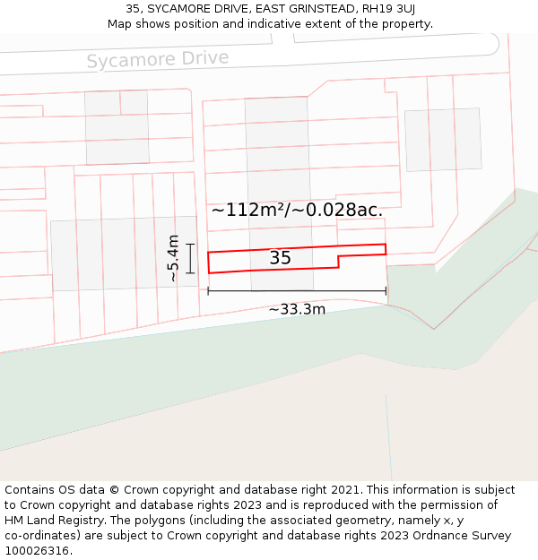 35, SYCAMORE DRIVE, EAST GRINSTEAD, RH19 3UJ: Plot and title map