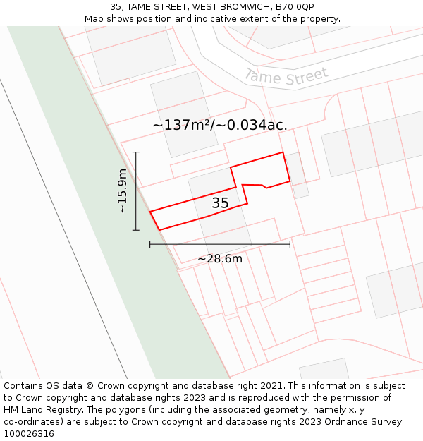 35, TAME STREET, WEST BROMWICH, B70 0QP: Plot and title map
