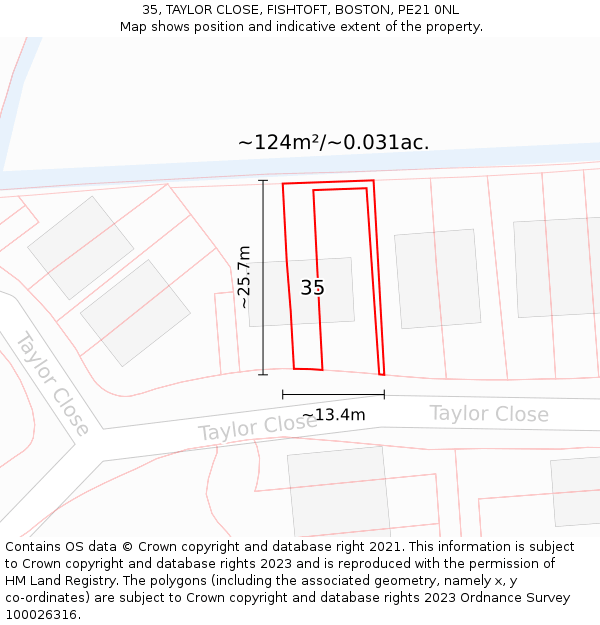 35, TAYLOR CLOSE, FISHTOFT, BOSTON, PE21 0NL: Plot and title map