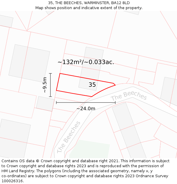 35, THE BEECHES, WARMINSTER, BA12 8LD: Plot and title map