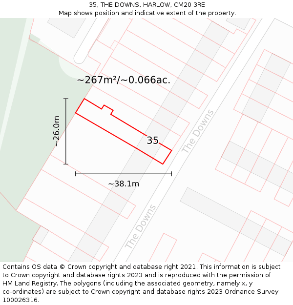 35, THE DOWNS, HARLOW, CM20 3RE: Plot and title map