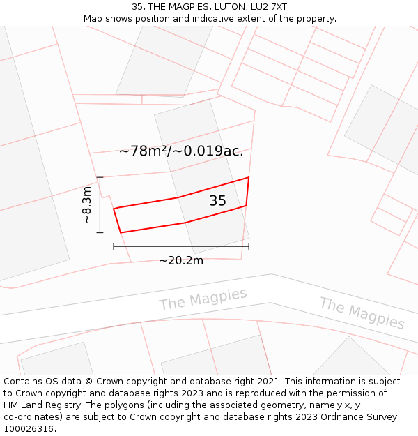 35, THE MAGPIES, LUTON, LU2 7XT: Plot and title map