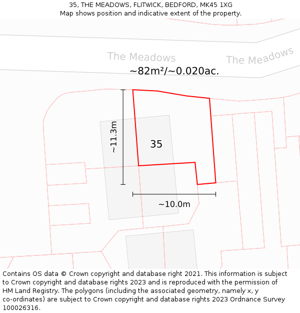 35, THE MEADOWS, FLITWICK, BEDFORD, MK45 1XG: Plot and title map