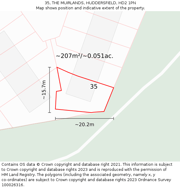 35, THE MUIRLANDS, HUDDERSFIELD, HD2 1PN: Plot and title map