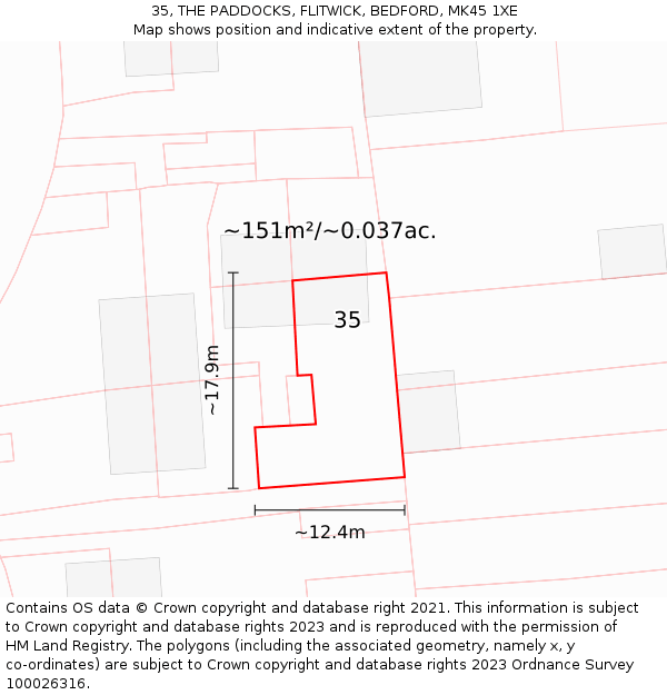 35, THE PADDOCKS, FLITWICK, BEDFORD, MK45 1XE: Plot and title map
