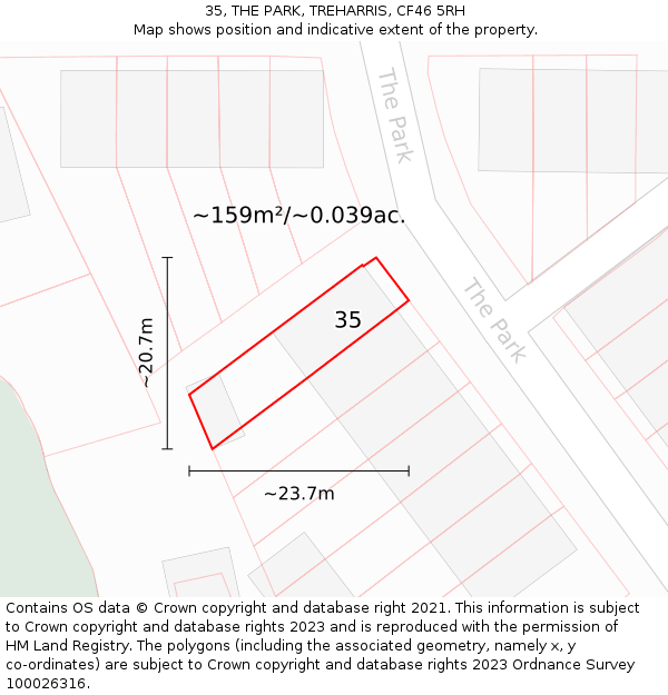 35, THE PARK, TREHARRIS, CF46 5RH: Plot and title map