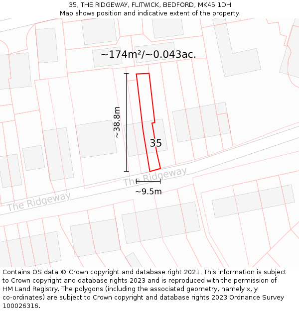 35, THE RIDGEWAY, FLITWICK, BEDFORD, MK45 1DH: Plot and title map