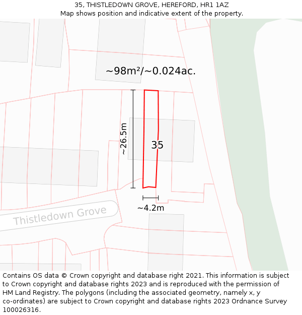 35, THISTLEDOWN GROVE, HEREFORD, HR1 1AZ: Plot and title map