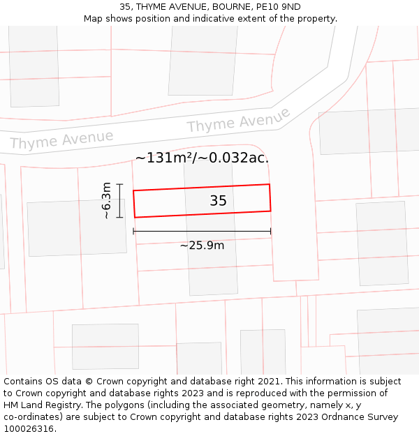 35, THYME AVENUE, BOURNE, PE10 9ND: Plot and title map