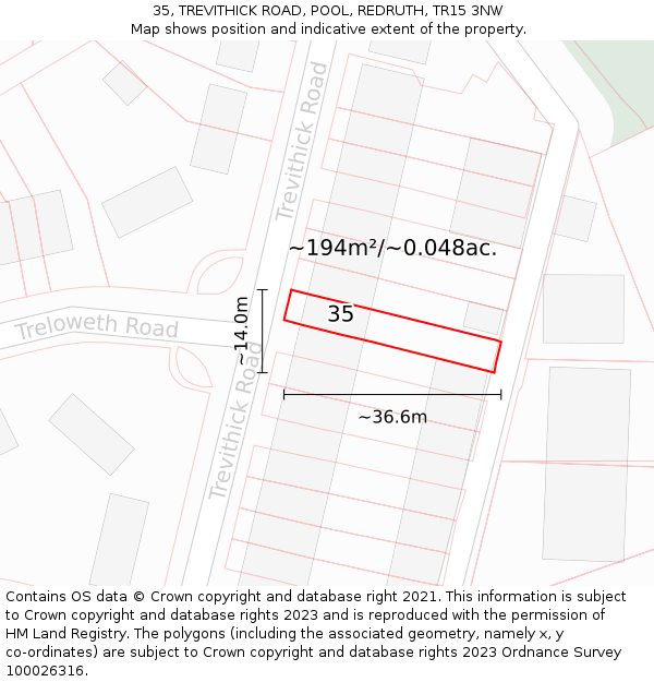 35, TREVITHICK ROAD, POOL, REDRUTH, TR15 3NW: Plot and title map
