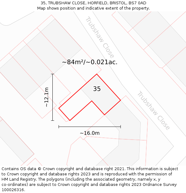 35, TRUBSHAW CLOSE, HORFIELD, BRISTOL, BS7 0AD: Plot and title map