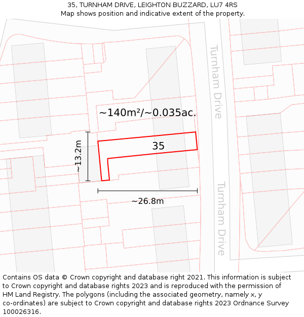 35, TURNHAM DRIVE, LEIGHTON BUZZARD, LU7 4RS: Plot and title map