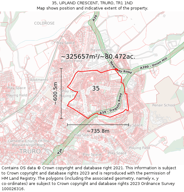 35, UPLAND CRESCENT, TRURO, TR1 1ND: Plot and title map