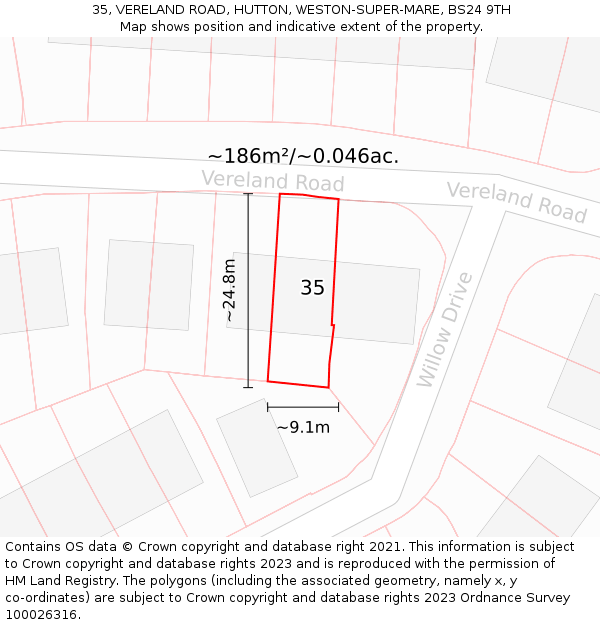35, VERELAND ROAD, HUTTON, WESTON-SUPER-MARE, BS24 9TH: Plot and title map