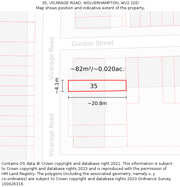 35, VICARAGE ROAD, WOLVERHAMPTON, WV2 1DD: Plot and title map