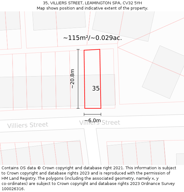 35, VILLIERS STREET, LEAMINGTON SPA, CV32 5YH: Plot and title map