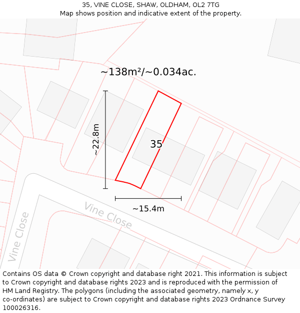 35, VINE CLOSE, SHAW, OLDHAM, OL2 7TG: Plot and title map