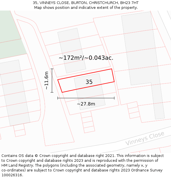 35, VINNEYS CLOSE, BURTON, CHRISTCHURCH, BH23 7HT: Plot and title map